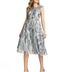 Mac Duggal 67495 Graphite Beaded Jewel Neck Tea Length Dress Size 8